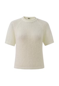 Kurzärmeliges, Rundhals-Pullover aus einem weichen, strukturierten cremefarbenen Stoff. Mit gerippten Bündchen und Saum, entspannter Passform und leichtem Design.