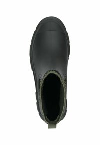 Black waterproof ankle boot with a textured rubber sole, elastic side panels in dark green, and a pull tab at the heel.