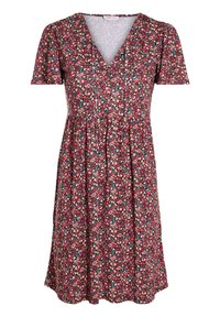 Robe à manches courtes avec décolleté en V et motif floral rouge, ornée de petites fleurs bleues et blanches, avec une taille froncée et des liens.