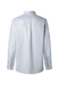 Light blue long-sleeve button-up shirt with subtle diamond pattern, shown from the back, featuring buttoned cuffs and a classic collar.