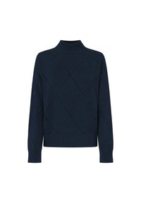 Marineblauwe trui met een hoge hals en een ruitpatroon. Heeft geribbelde manchetten en zoom, gemaakt van een zachte brei. 