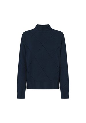 Marineblauwe trui met een hoge hals en een ruitpatroon. Heeft geribbelde manchetten en zoom, gemaakt van een zachte brei. 