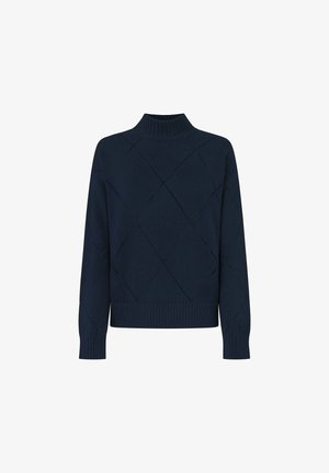 Marineblauwe trui met een hoge hals en een ruitpatroon. Heeft geribbelde manchetten en zoom, gemaakt van een zachte brei.