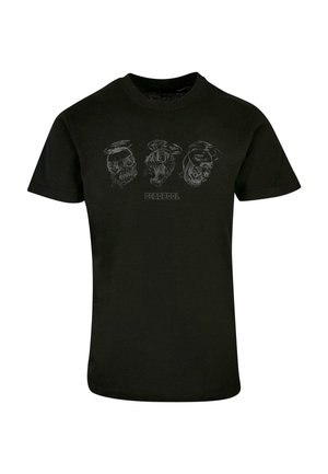 Black cotton t-shirt featuring three graphic skull designs with halos and the text "DEADPOOL" underneath, in a slightly distressed style.