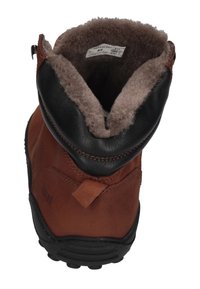 Brauner Lederstiefel mit schwarzem Lederkragen, Kunstpelzfutter und einer strukturierten Gummisohle. Verfügt über eine Zuglasche an der Rückseite.