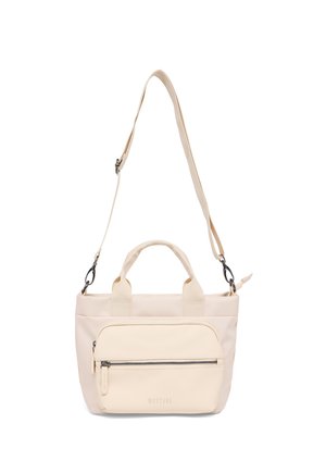 Beige rectangular handbag with front zip pocket, two short handles, and a long adjustable shoulder strap.
