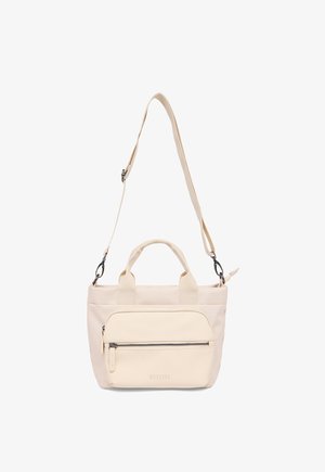 Beige rectangular handbag with front zip pocket, two short handles, and a long adjustable shoulder strap.