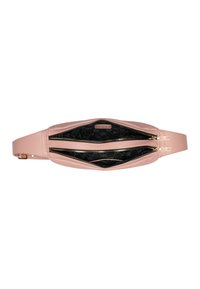 Borsa in pelle rosa con due scomparti con zip, dotata di una fodera nera con un motivo sottile. Tracolla regolabile per la versatilità.