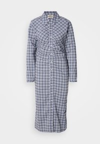 Vestito camicia a maniche lunghe, con bottoni, in fantasia a quadri blu e bianchi. Presenta una vita sagomata e un taglio dritto, realizzato in tessuto leggero.