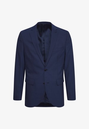Marineblaues Blazer aus strukturiertem Stoff, mit einer Zwei-Knopf-Verschluss, einem geflammten Revers und Taschen auf der Vorderseite. Innen ist das Blazer mit einem gemusterten Futter ausgestattet.