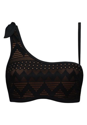 Černý bikini top s jedním ramínkem, zdobený texturovaným geometrickým vzorem a detaily s výřezy. Obsahuje vázací akcent na rameni a nastavitelné ramínko.