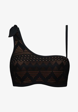 Černý bikini top s jedním ramínkem, zdobený texturovaným geometrickým vzorem a detaily s výřezy. Obsahuje vázací akcent na rameni a nastavitelné ramínko.