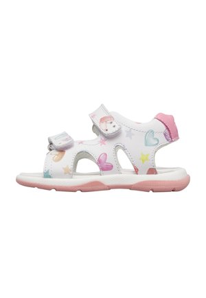Sandalo bianco e rosa per bambino piccolo con motivi a cuori, stelle e unicorni, dotato di cinturini regolabili in Velcro e suola imbottita.