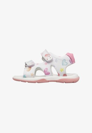 Sandalo bianco e rosa per bambino piccolo con motivi a cuori, stelle e unicorni, dotato di cinturini regolabili in Velcro e suola imbottita.