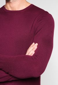 Burgundy långärmad tröja i mjukt tyg, med rund halsringning och åtsittande ärmar med lätt ribbad struktur.