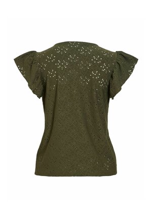 Olívazöld rövid ujjú blúz lyukacsos virágos hímzéssel és fodros ujjal, hátulról fehér háttér előtt.