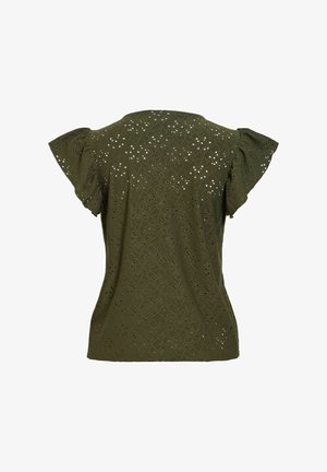 Bluzka w kolorze oliwkowej zieleni z krótkim rękawem, haftem kwiatowym z oczkami i falbankami na rękawach, widziana od tyłu na białym tle.