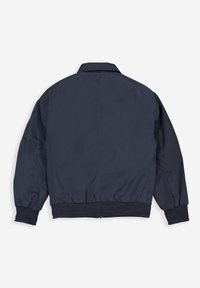Marinblau Bomberjacke mit glatter Textur. Verfügt über einen Kragen und elastische Bündchen, mit einer subtilen Nahtdetails, die vertikal auf dem Rücken verläuft.