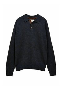 Dunkelblaues Langarm-Polo-Pullover mit Kragen und Drei-Knopf-Leiste, mit einer braunen Innenverkleidung am Ausschnitt.