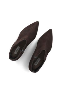 Bruine suède enkellaarsjes met een puntige neus, ritssluiting en gekartelde, zacht gevoerde kraag. Glad interieur. Klassiek ontwerp.