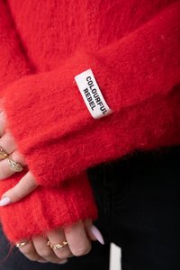 Rdeč puhast pulover z dolgimi rokavi. Ima oznako z napisom "COLOURFUL REBEL." Mehak material, sproščen dizajn in tesni manšeti.