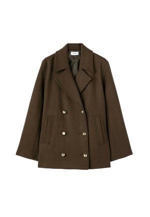 Manteau en laine double boutonnage marron avec de grands boutons argentés, larges revers et deux poches avant. Intérieur doublé, coupe décontractée.
