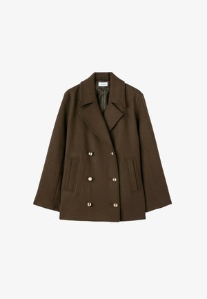 Cappotto di lana marrone doppiopetto con grandi bottoni argentati, ampi risvolti e due tasche frontali. Interno foderato, vestibilità rilassata.