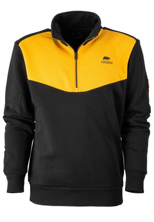 Schwarz-gelber Hoodie mit halbem Reißverschluss und hohem Kragen, aus weichem Stoff gefertigt. Verfügt über ein Chevron-Design, ein Logo auf der Brust und gerippte Bündchen.