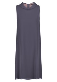 Sleeveless dress in dark gray fabric with a high neckline and back zipper. Features a flowing silhouette and smooth texture.