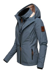 Blue waterproof jacket with a soft inner lining, zippered front, adjustable hood, and brown accents on the chest and pockets.