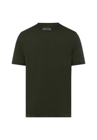 Olivgrünes kurzärmliges T-Shirt aus glattem Baumwollstoff, mit Rundhalsausschnitt und einem dezenten Markenetikett auf der Rückseite.