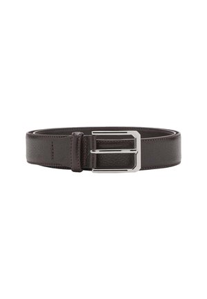 Brown leather belt with a textured finish, featuring a silver rectangular metal buckle and a smooth edge design.