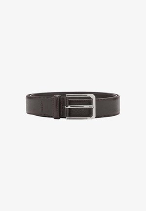 Brown leather belt with a textured finish, featuring a silver rectangular metal buckle and a smooth edge design.