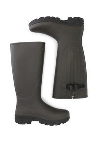 Zwarte rubberen waterdichte laarzen met een hoge uitstraling, dikke zolen, gestructureerde afwerking en een verstelbare band aan de zijkant.