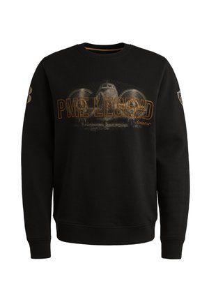Felpa nera con la scritta "PME Legend" stampata in arancione. Presenta un collo rotondo, maniche lunghe, polsini a costine e un design grafico testurizzato.