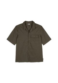 Camisa de manga corta verde oliva, hecha de tela transpirable, con cierre de botones en la parte delantera, un bolsillo en el pecho y un diseño de collar clásico.
