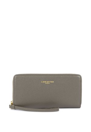 Gray leather wallet with a textured finish, gold "Lancaster Paris" logo, zip closure, and attached wrist strap.
