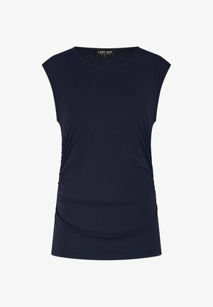 Navyblauw mouwloos topje van zachte stof, met geplooide zijkanten voor textuur en een ronde halslijn. Eenvoudig en veelzijdig ontwerp.