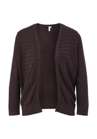 Cardigan marron foncé ouvert devant avec une texture côtelée horizontale subtile et des manches longues, présenté sur un fond blanc.
