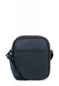 Borsa a tracolla in pelle blu navy con forma rettangolare, texture liscia, zip superiore e tracolla regolabile. Presenta un dettaglio con logo sul davanti.