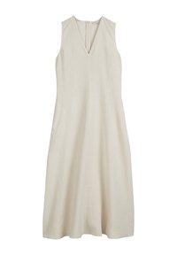 Ärmelloses beiges Kleid mit V-Ausschnitt, aus leichtem Leinen gefertigt. Verfügt über einen Reißverschluss hinten und eine lockere, fließende Silhouette.