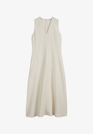 Beżowa sukienka bez rękawów z dekoltem w serek, wykonana z lekkiej lnu. Posiada zamek błyskawiczny z tyłu i luźny, zwiewny krój.