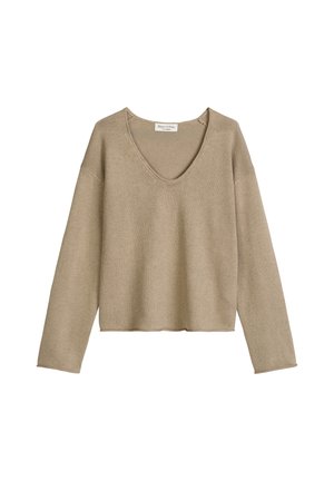 Pull en tricot beige à manches longues avec col en V et ourlet légèrement raccourci, posé à plat sur un fond blanc.