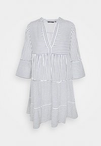 Gestreiftes Kleid in Weiß und Marineblau, mit V-Ausschnitt, weitem Ärmel und gestuftem Design mit Falten. Weicher Stoff mit lockerer Passform.