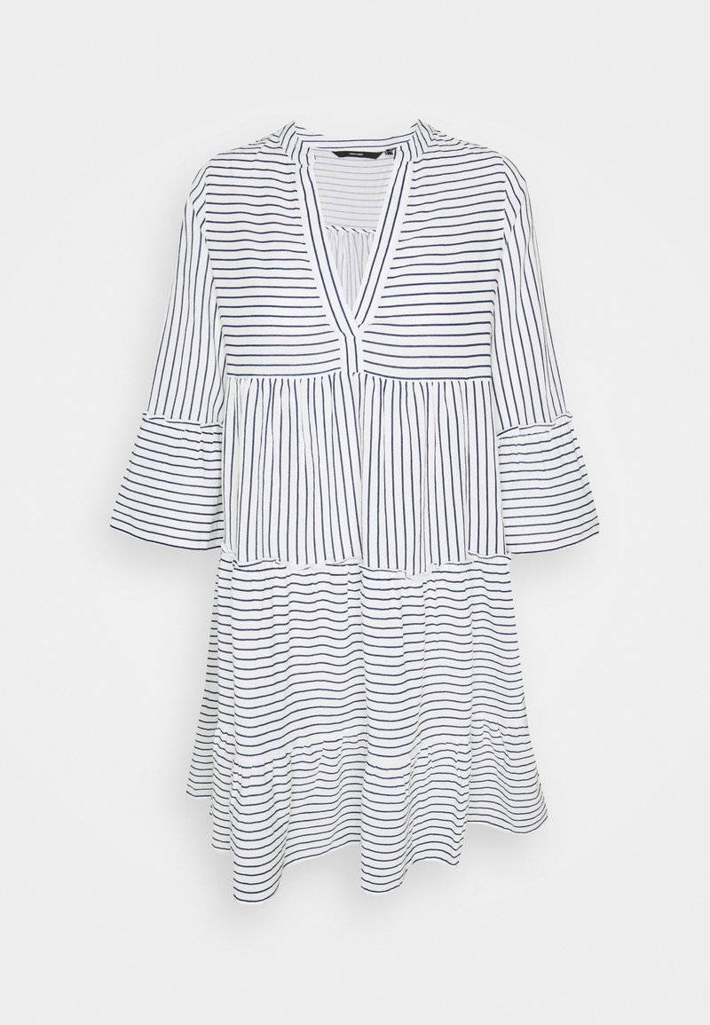 Gestreiftes Kleid in Weiß und Marineblau, mit V-Ausschnitt, weitem Ärmel und gestuftem Design mit Falten. Weicher Stoff mit lockerer Passform.