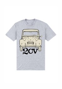 Šedé tričko s liniovým kreslením béžového auta a textem "2CV" v tučném černém písmu pod obrázkem.