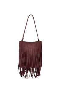 Torebka typu fringe w kolorze bordowym wykonana z ekologicznej skóry o teksturowanym wykończeniu. Posiada pojedynczy pasek na ramię oraz miękkie, falujące frędzle.