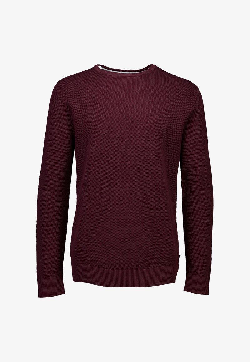 Bordeaux gebreide trui met een ronde hals, lange mouwen, een gestructureerd oppervlak, en ribgebreide manchetten en zoom.