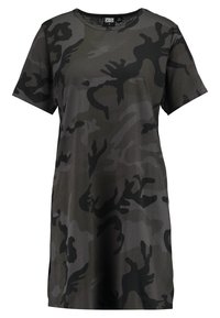 T-shirt z krótkim rękawem i okrągłym dekoltem w ciemnozielony wzór kamuflażu. Wykonany z miękkiego materiału, luźny krój i subtelny połysk.