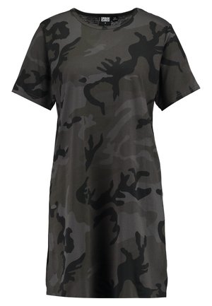 T-shirt z krótkim rękawem i okrągłym dekoltem w ciemnozielony wzór kamuflażu. Wykonany z miękkiego materiału, luźny krój i subtelny połysk.